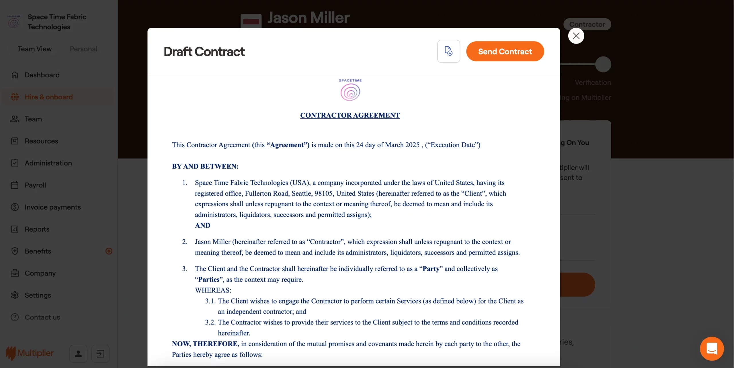 Contract sent to the contractor for onboarding in Indonesia.